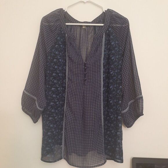 Milano sheer blue print tunic top shirt blouse l layered summer fall large - Picture 1 of 7